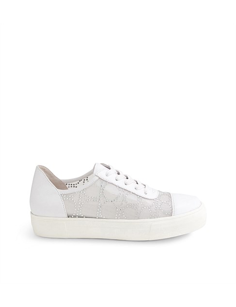 Fasha White Silver Jewels Leather Mesh Sneakers