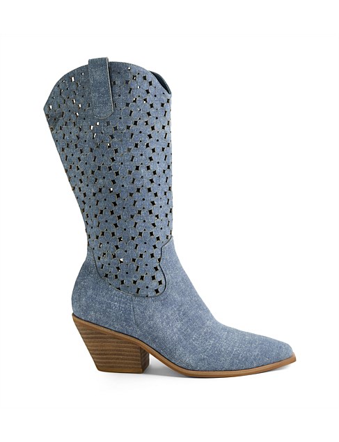 Dassye Blue Denim Leather Knee High Boots