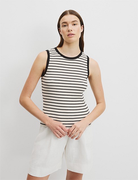 Australian Cotton Blend Stripe High Neck Rib Tank