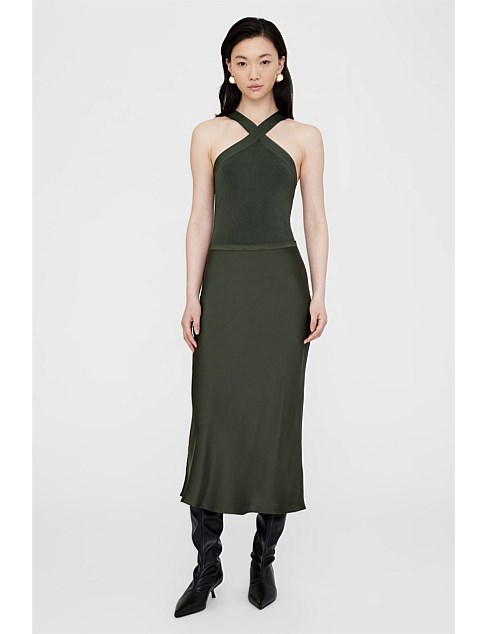 Bar Silk Midi Skirt - Dark Olive