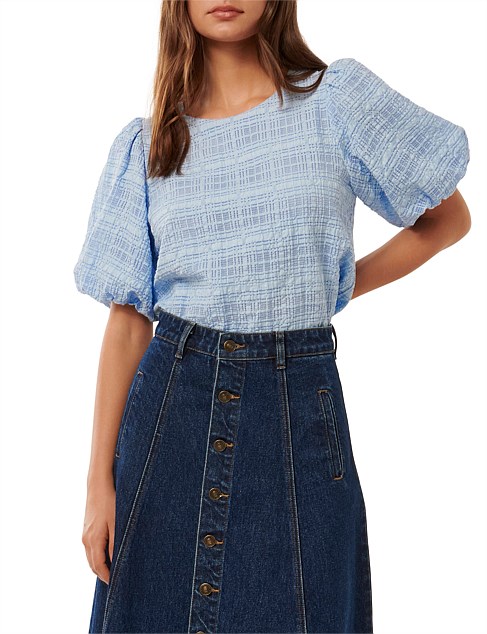 SARA CHECK BUBBLE SLEEVES TOP