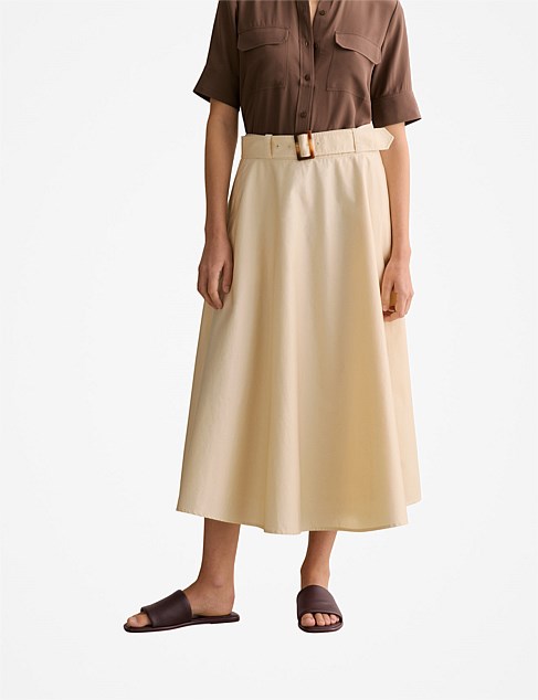 Cotton Sateen Belted Midi Skirt