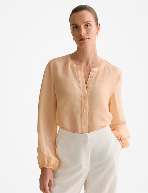 Linen Silk Collarless Long Sleeve Blouse