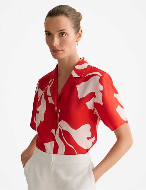 Stencil Palm Silk Twill Short Sleeve Shirt