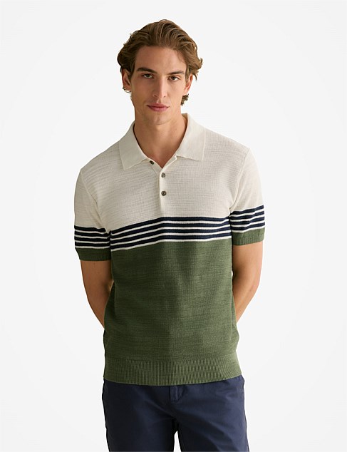 Cotton Linen Textured Colourblock Stripe Polo