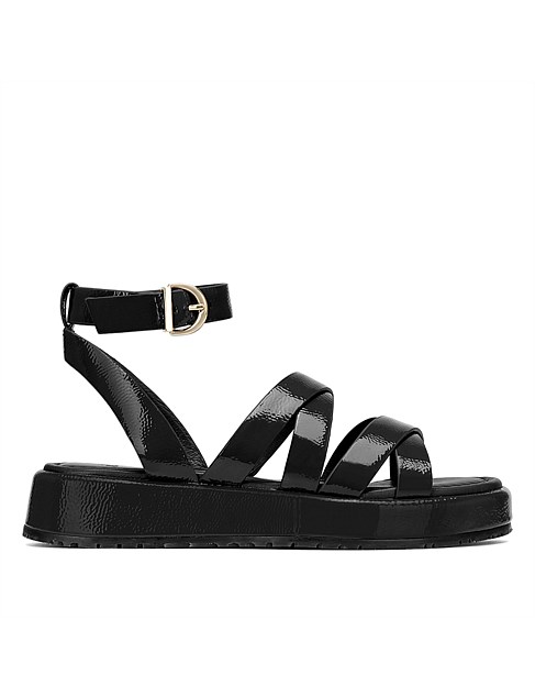 CHERISH Black Crinkle Patent Leather Strappy Sandal