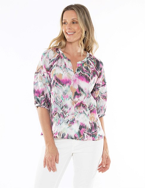 Abstract Ikat Split Neck Top