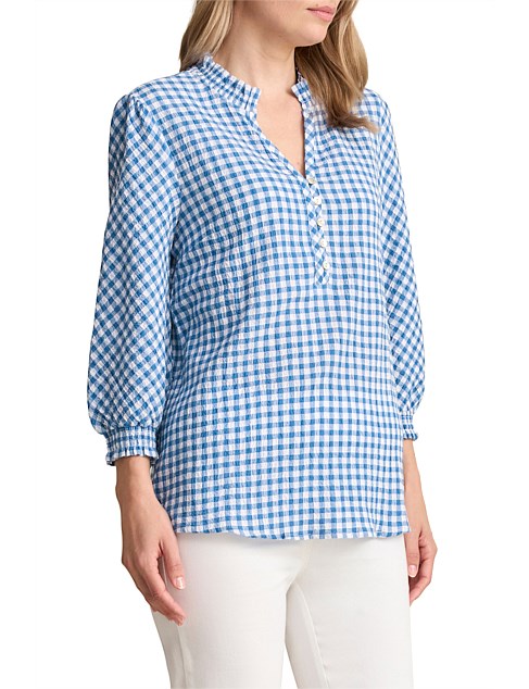 BLUE/WHITE COTTON GINGHAM BLOUSE