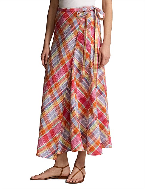 PLAID LINEN PANELED WRAP SKIRT