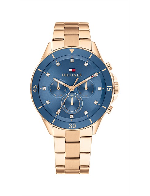 MELLIE IONIC PLATED ROSE GOLD STEEL BLUE DIAL WATCH