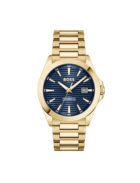 STRIKE IONIC PLATED THIN GOLD STEEL BLUE DIAL WATCH