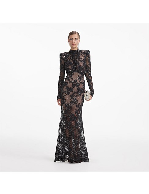 BLACK RHINESTONE LACE MAXI DRESS