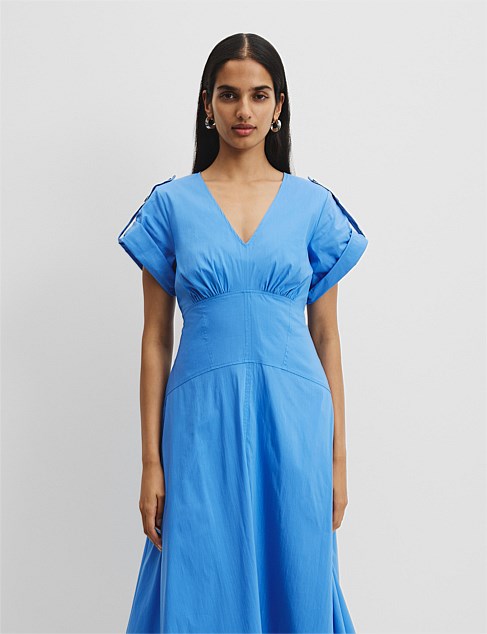 Organically Grown Cotton Blend Poplin Basque Midi Dress