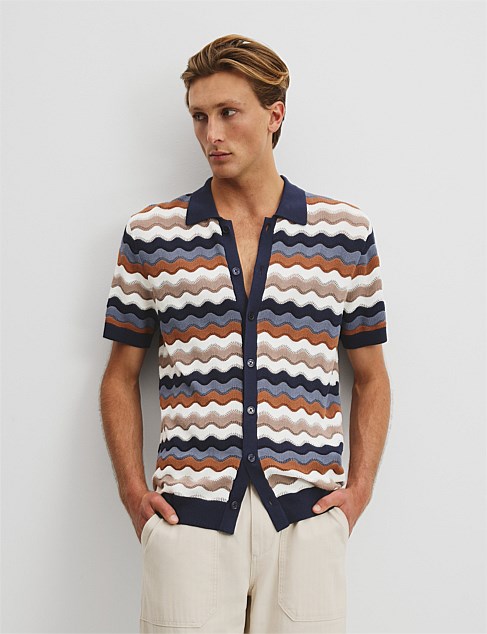 Cotton Silk Multi Stripe Knit Shirt