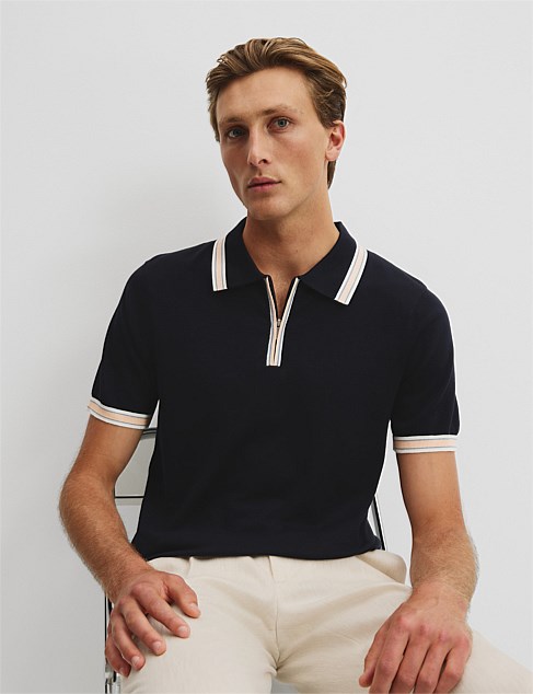 Cotton Silk Tipped Zip Knit Polo