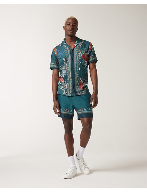 Border Floral Print Cuban Collar Shirt