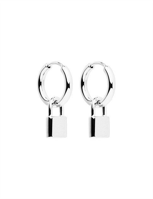 LOVE LOCK HUGGIE HOOP EARRINGS W CHARM