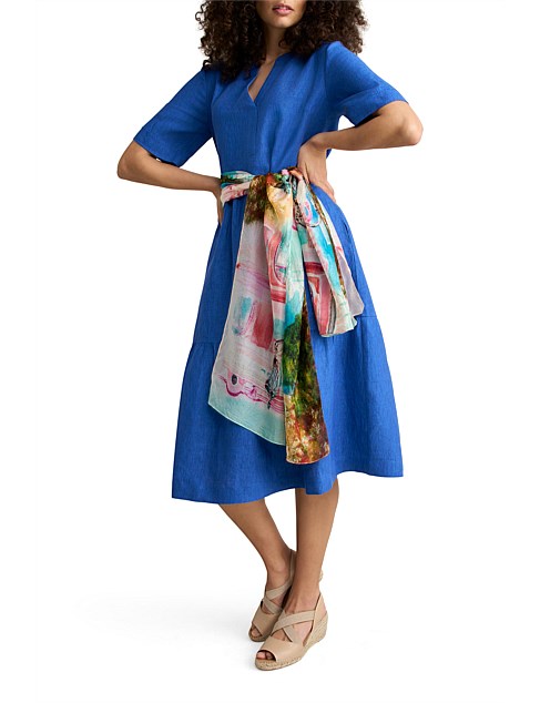 TIERED LINEN DRESS - COBALT CROSS DYE