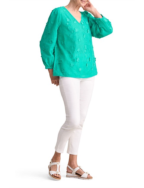 LACE TRIM EMBROIDERED TOP - SEA GLASS