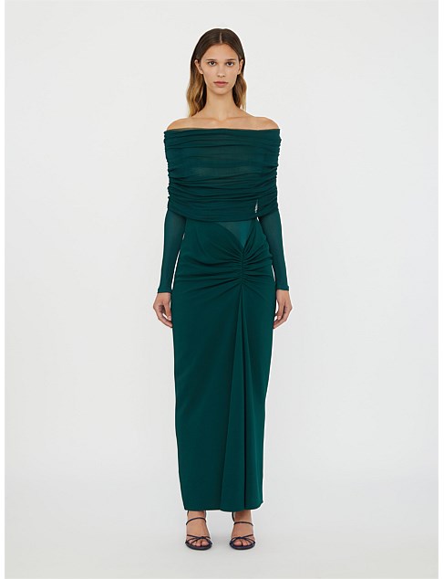 SONORA VEILED LONG SLEEVE RUCHED DRESS