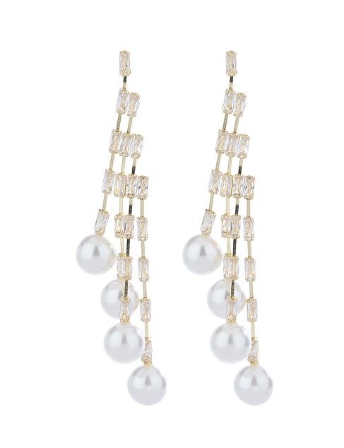 BAGUETTE CRYSTAL CHANDELIER EARRINGS W PEARLS