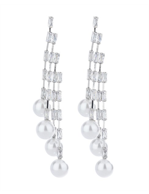 BAGUETTE CRYSTAL CHANDELIER EARRINGS W PEARLS