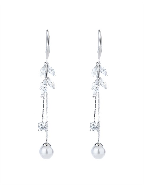 CRYSTAL LEAF DROP EARRINGS W PEARL