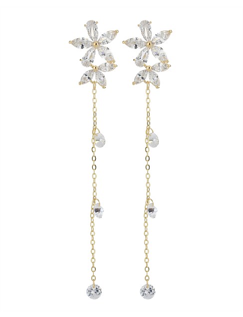 FLOWER DROP EARRINGS W CRYSTAL CHAIN