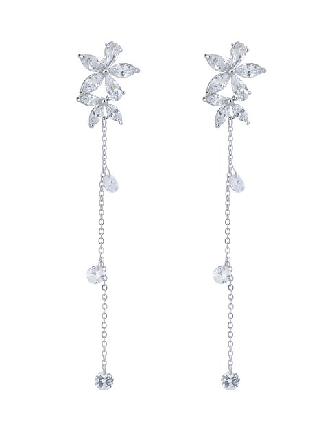 FLOWER DROP EARRINGS W CRYSTAL CHAIN