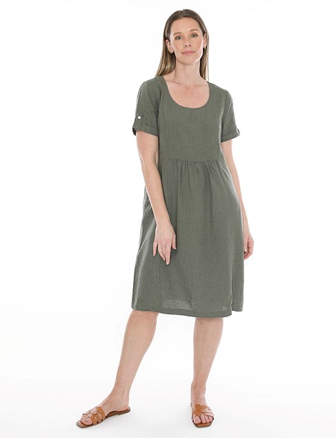 Gather Waist Tab Sleeve Dress