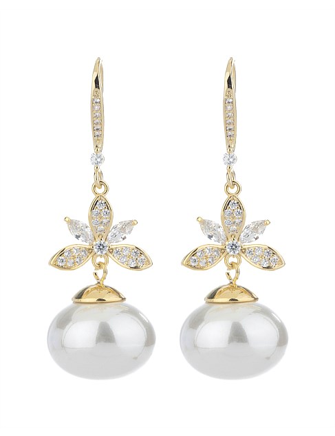 PAVE DROP EARRINGS W PEARL