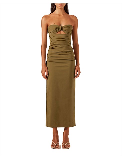 Lani Strapless Gathered Midi Dress