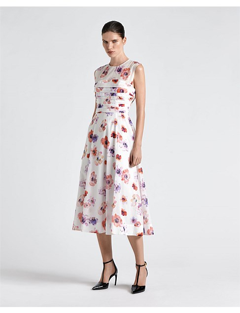 FLORAL POSIE GATHERED MIDI DRESS