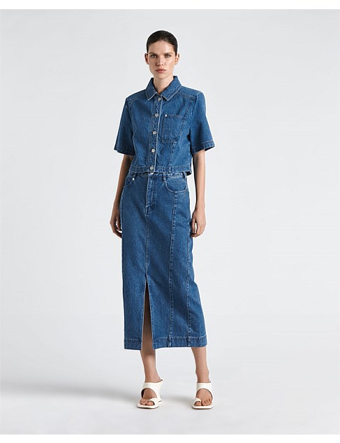 MID WASH DENIM MIDI SKIRT