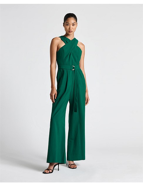 LINEN VISCOSE WRAP NECK JUMPSUIT