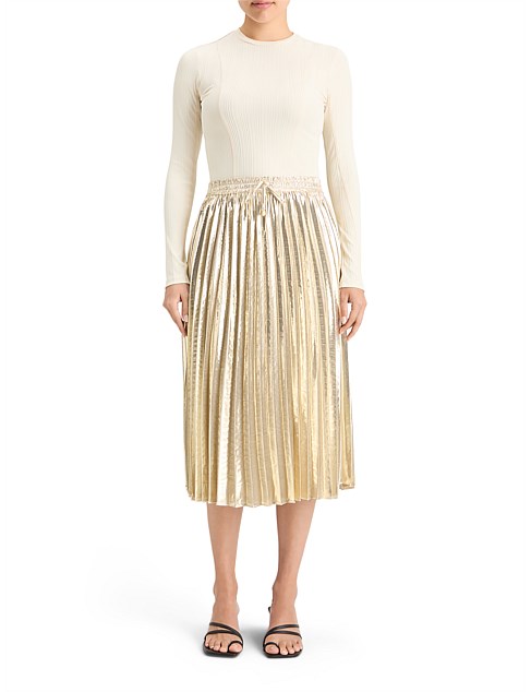 Pleated Shiny High-Rise Maxi Skirt