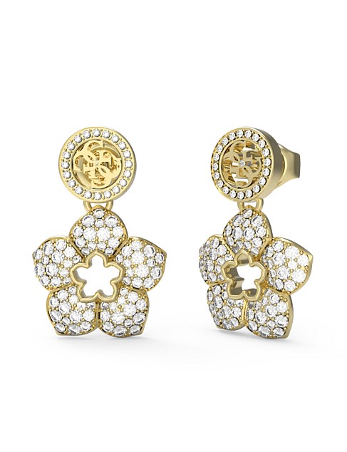 GUESS SHINING WINTER 4G & PAVE FLOWER PENDANTS GOLD EARRINGS