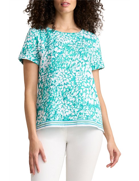 COTTON BORDER T-SHIRT - WHITE/TURQUOISE