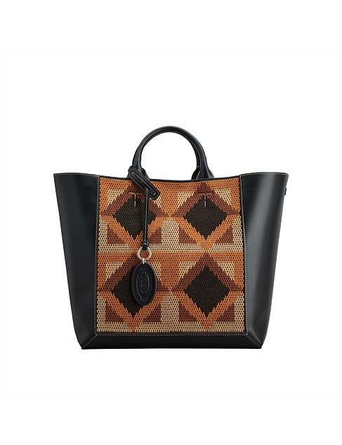 DOUBLE UP SHOPPING BAG IN LEATHER AND FABRIC MEDIUM