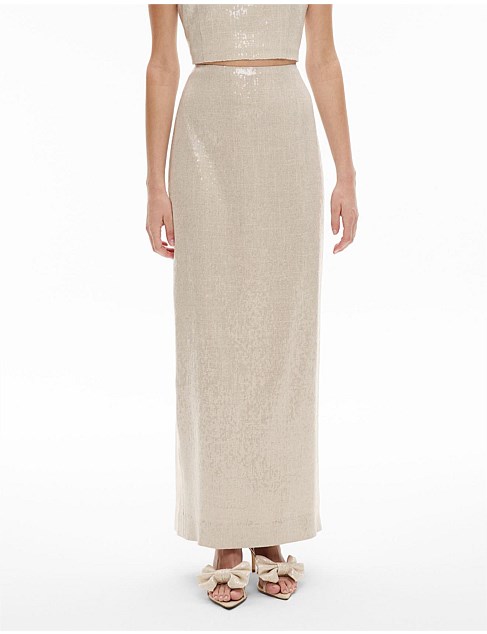 Sequin Linen Column Skirt