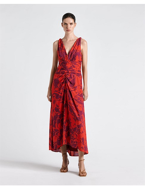 BERRY STENCIL FLORAL V-NECK MIDI DRESS