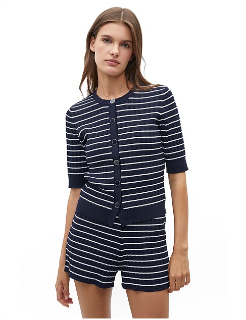 STRIPE RIB KNIT SHORT SLEEVE CARDIGAN