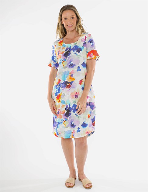 Santorini Bloom Flutter Sleeve Dress