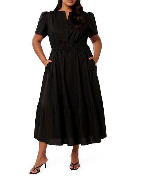 ELEANOR CURVE PUFF SLEEVES TIERED MIDI DRESS