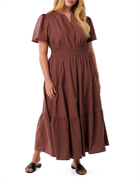 ELEANOR CURVE PUFF SLEEVES TIERED MIDI DRESS