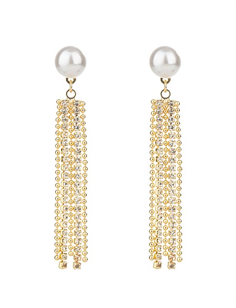 CRYSTAL FRINGE EARRINGS W PEARL STUD