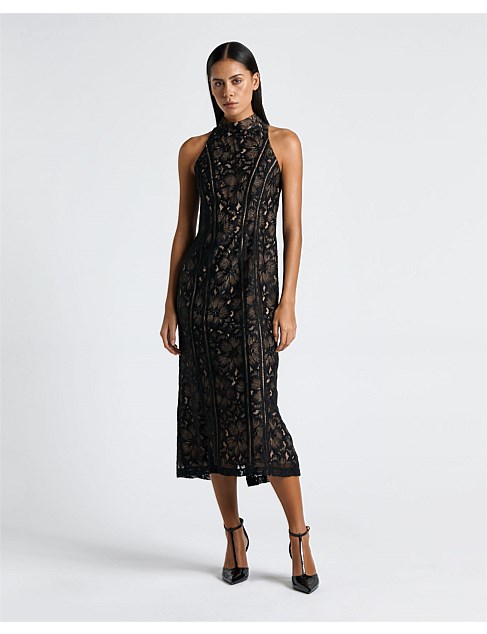 EMBROIDERED LACE COLUMN MIDI DRESS