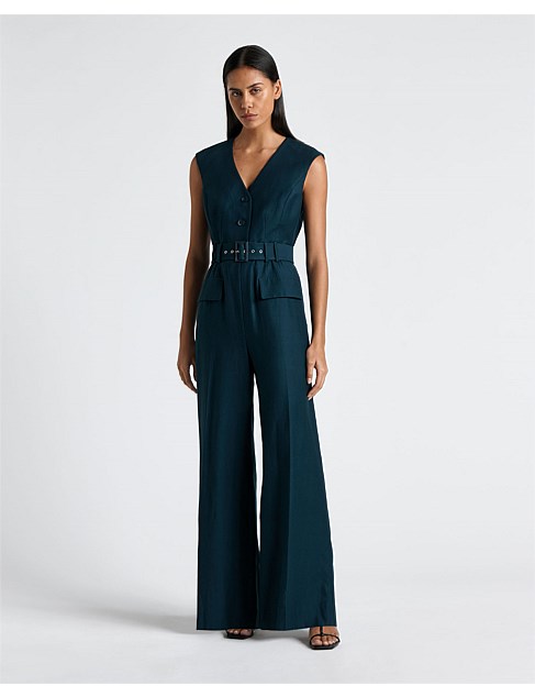 LINEN BLEND BELTED JUMPSUIT