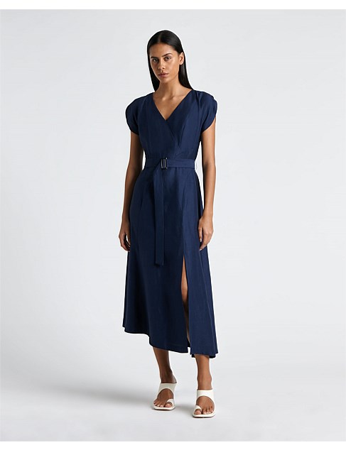 BELTED ASYMETRICAL PANEL LINE MIDI DRESS