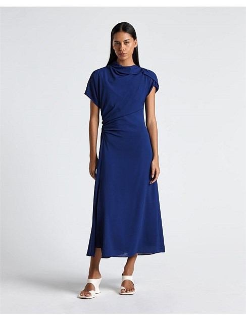 DRAPED FOLD NECK MIDI DRESS